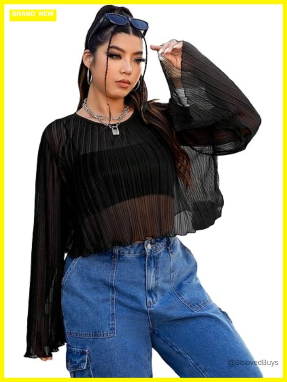 Plus Size Sheer Mesh Bell Long Sleeve Blouse